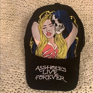 Assholes Live Forever graphic cap by Linda Finegold, snap-back.